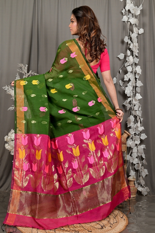 Dark Green Purpel Blended Cotton Foyani Hand Loom Saree (3115)