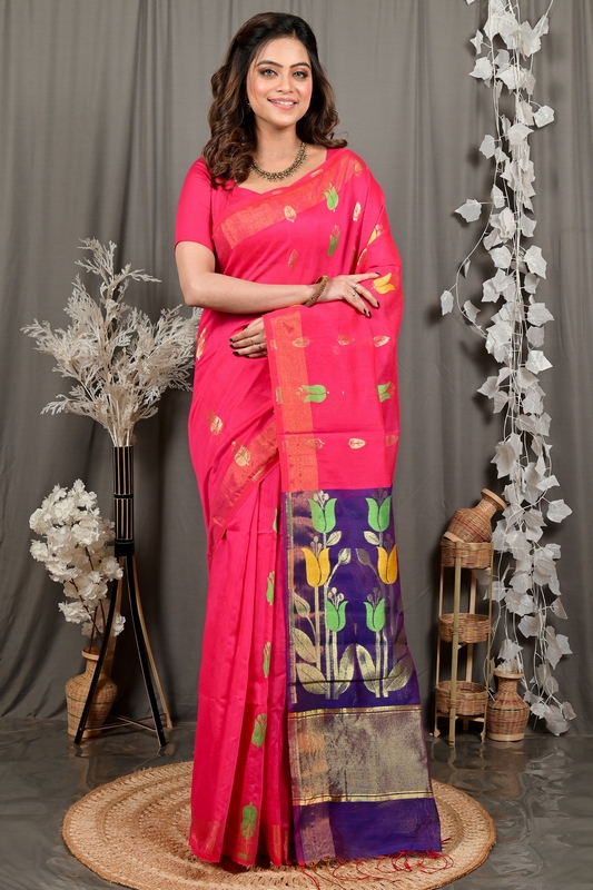 Pink Purple Blended Cotton Foyani Hand Loom Saree (3116)