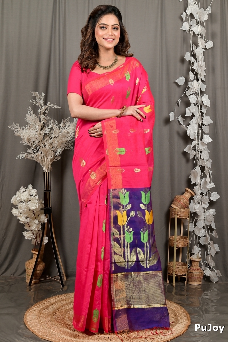 Pink Purple Blended Cotton Foyani Hand Loom Saree (3116)