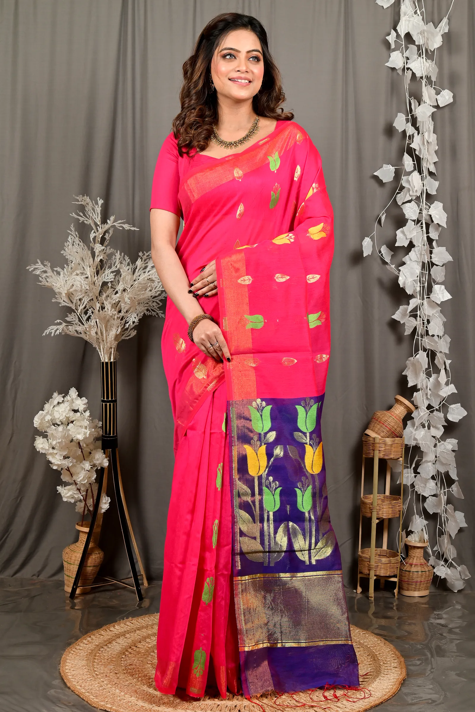 Pink Purple Blended Cotton Foyani Hand Loom Saree (3116)