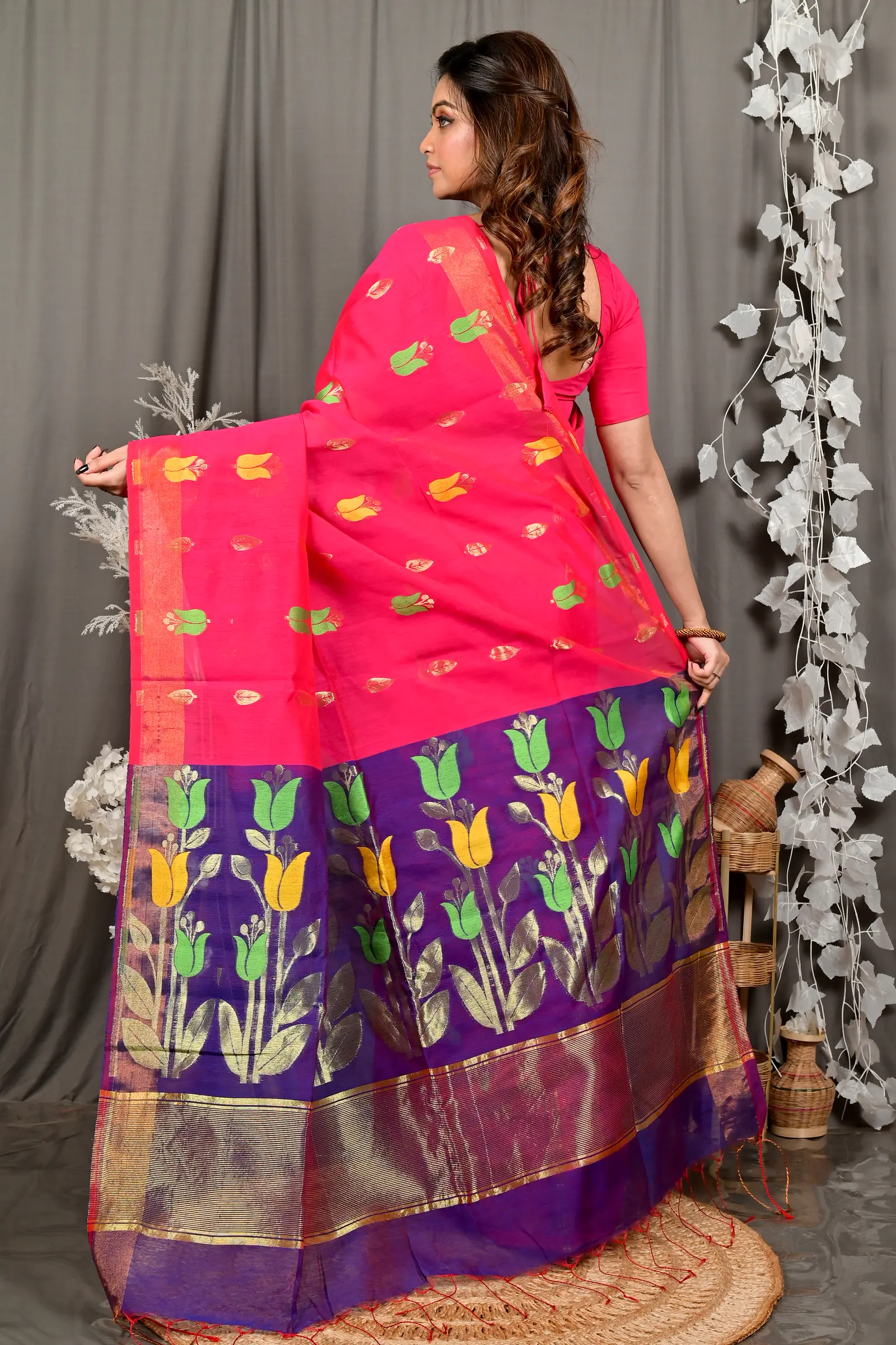 Pink Purple Blended Cotton Foyani Hand Loom Saree (3116)