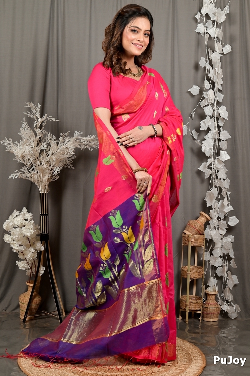 Pink Purple Blended Cotton Foyani Hand Loom Saree (3116)