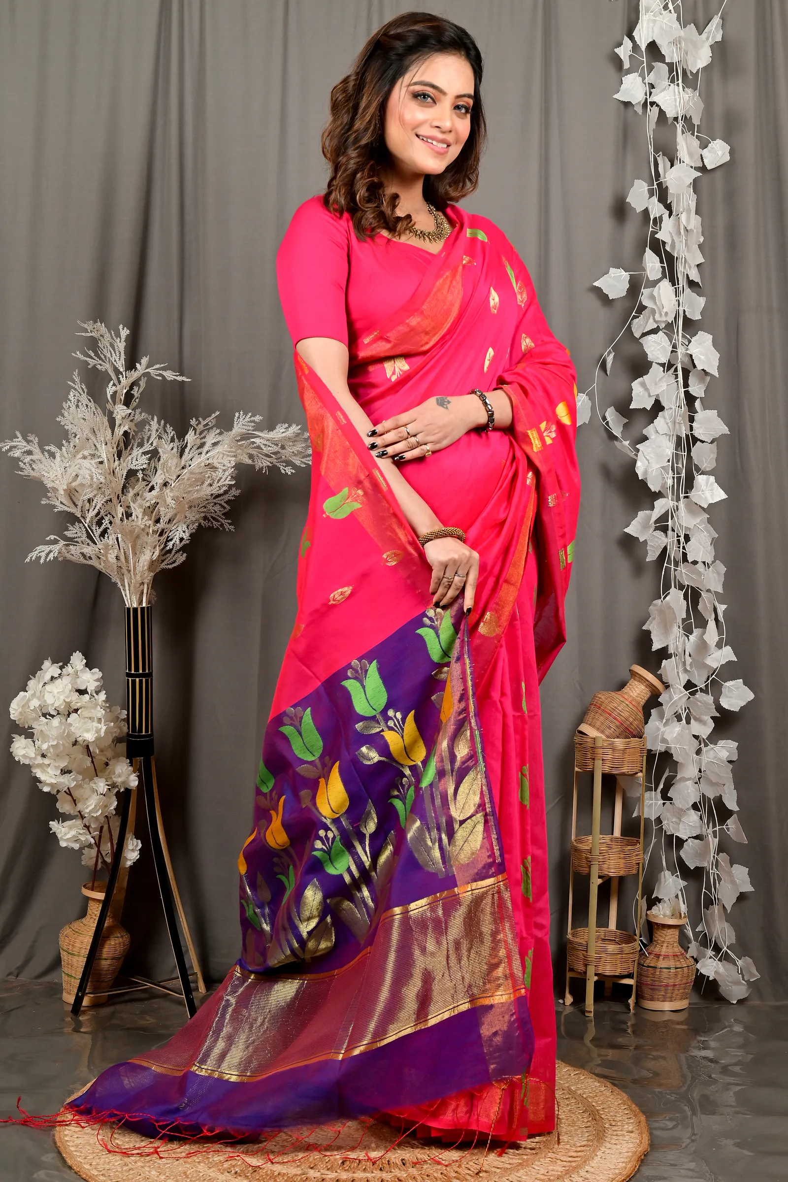 Pink Purple Blended Cotton Foyani Hand Loom Saree (3116)