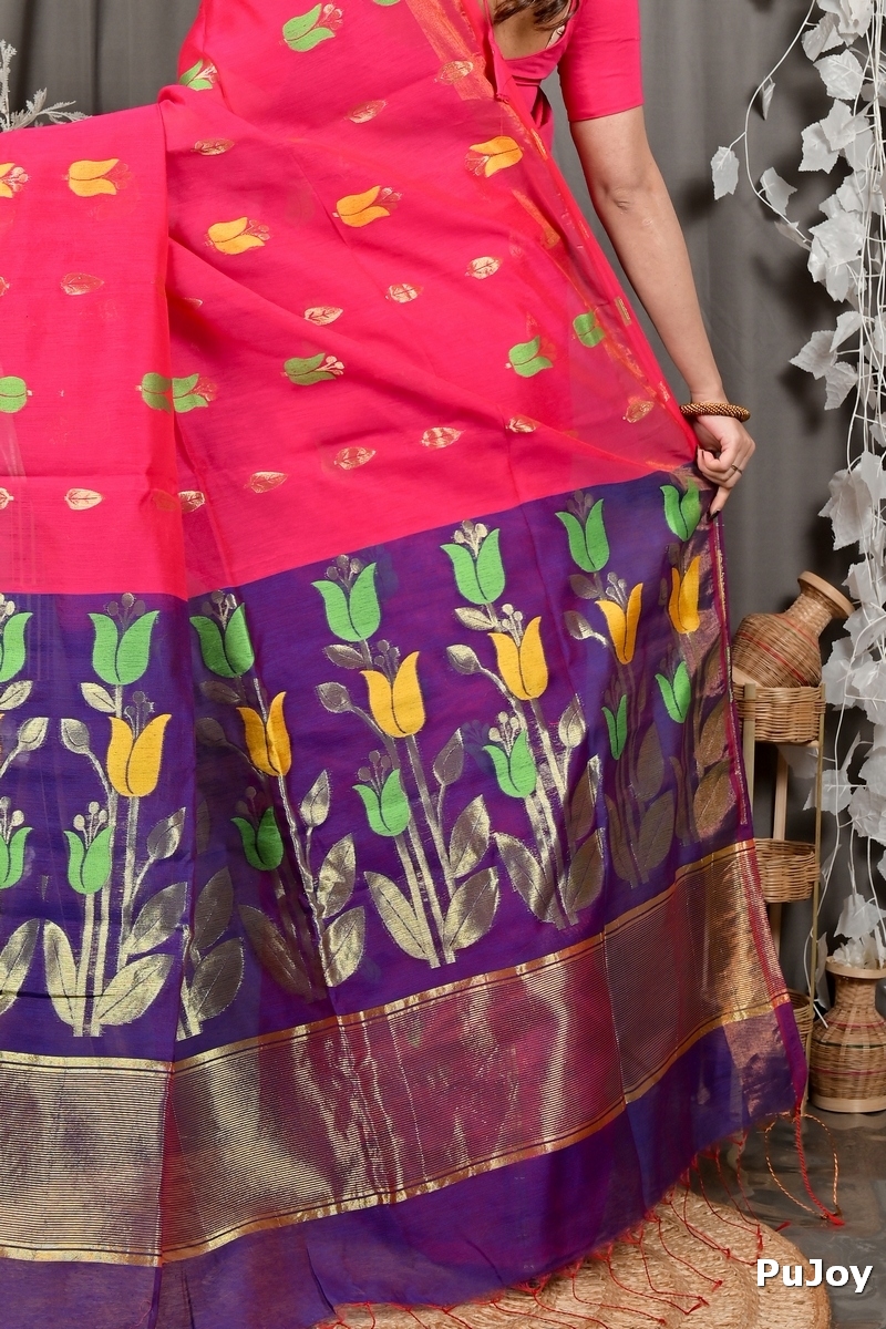 Pink Purple Blended Cotton Foyani Hand Loom Saree (3116)