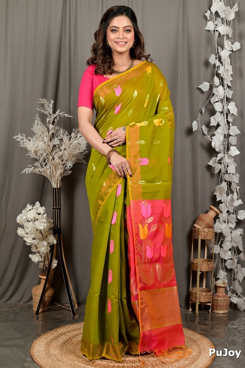 Green Pink Blended Cotton Foyani Hand Loom Saree (3117)