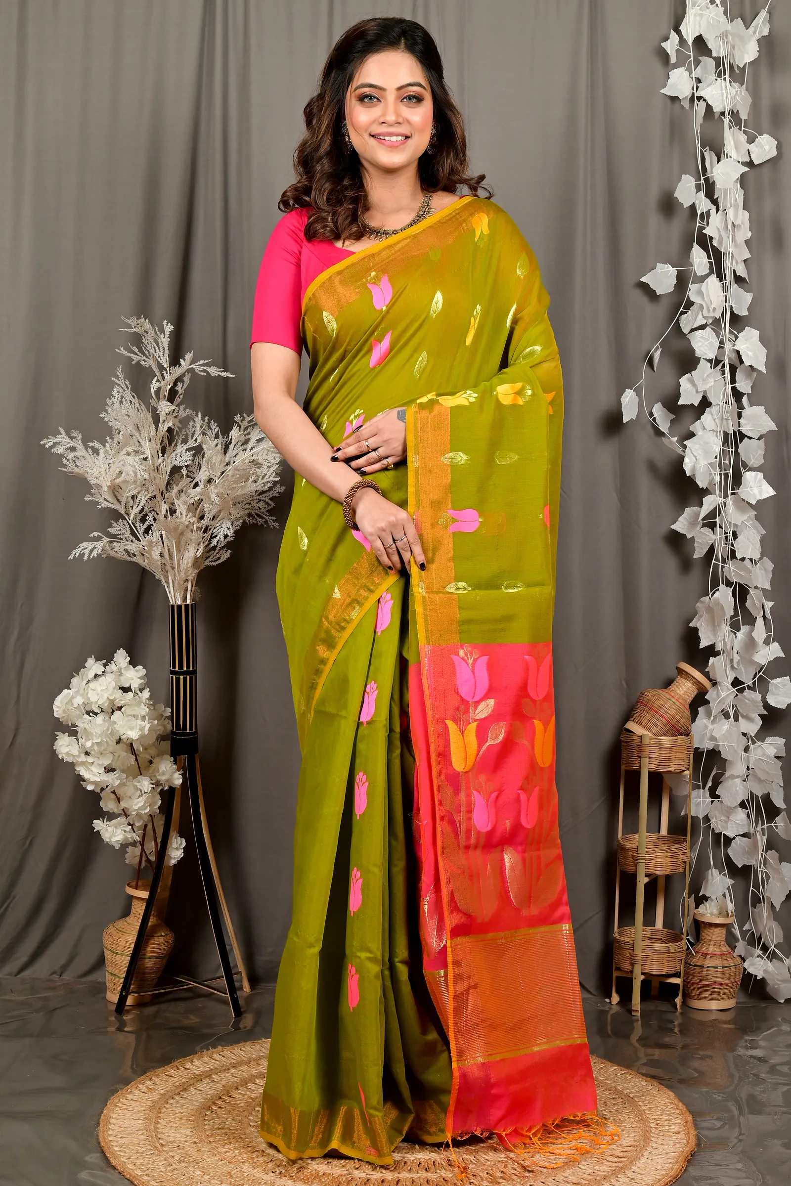 Green Pink Blended Cotton Foyani Hand Loom Saree (3117)