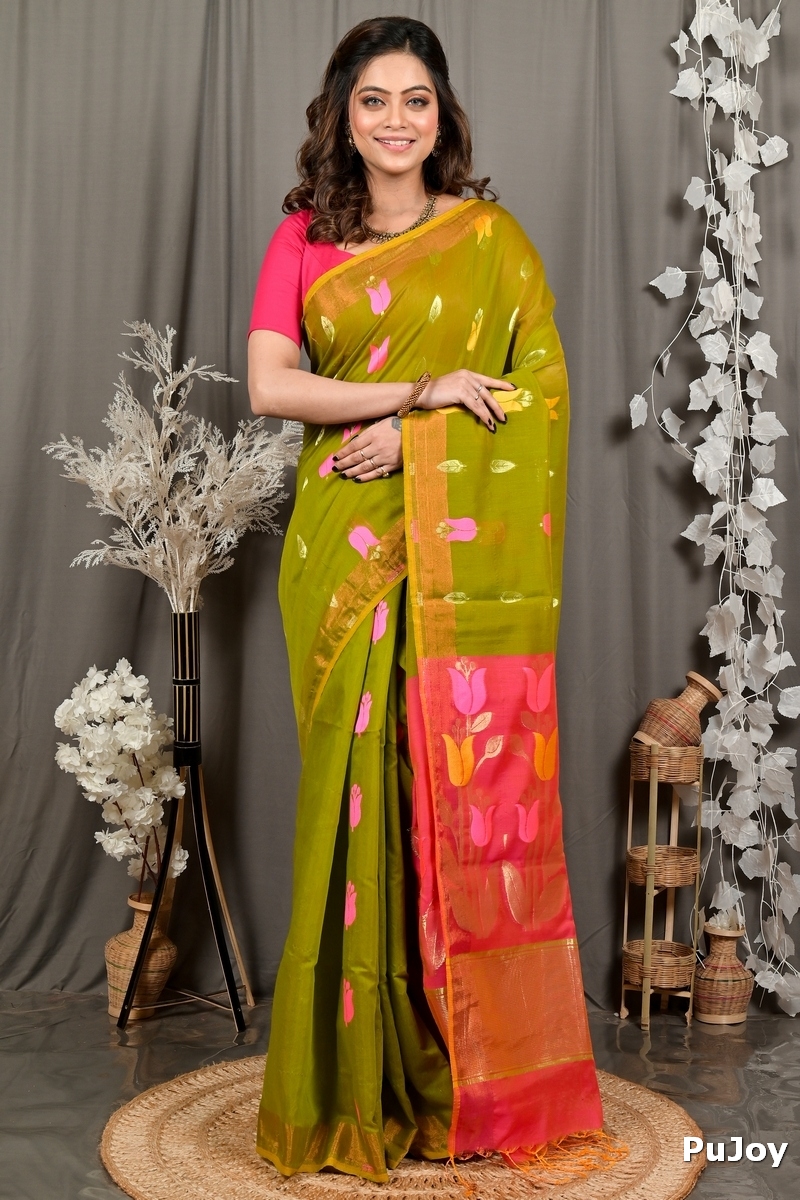 Green Pink Blended Cotton Foyani Hand Loom Saree (3117)