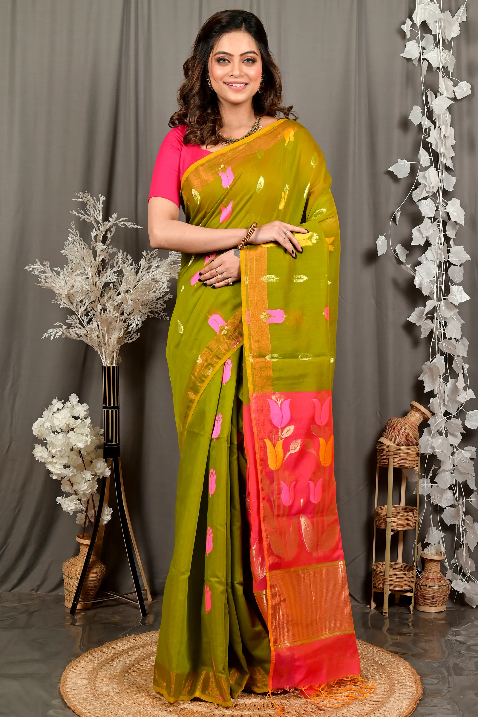 Green Pink Blended Cotton Foyani Hand Loom Saree (3117)