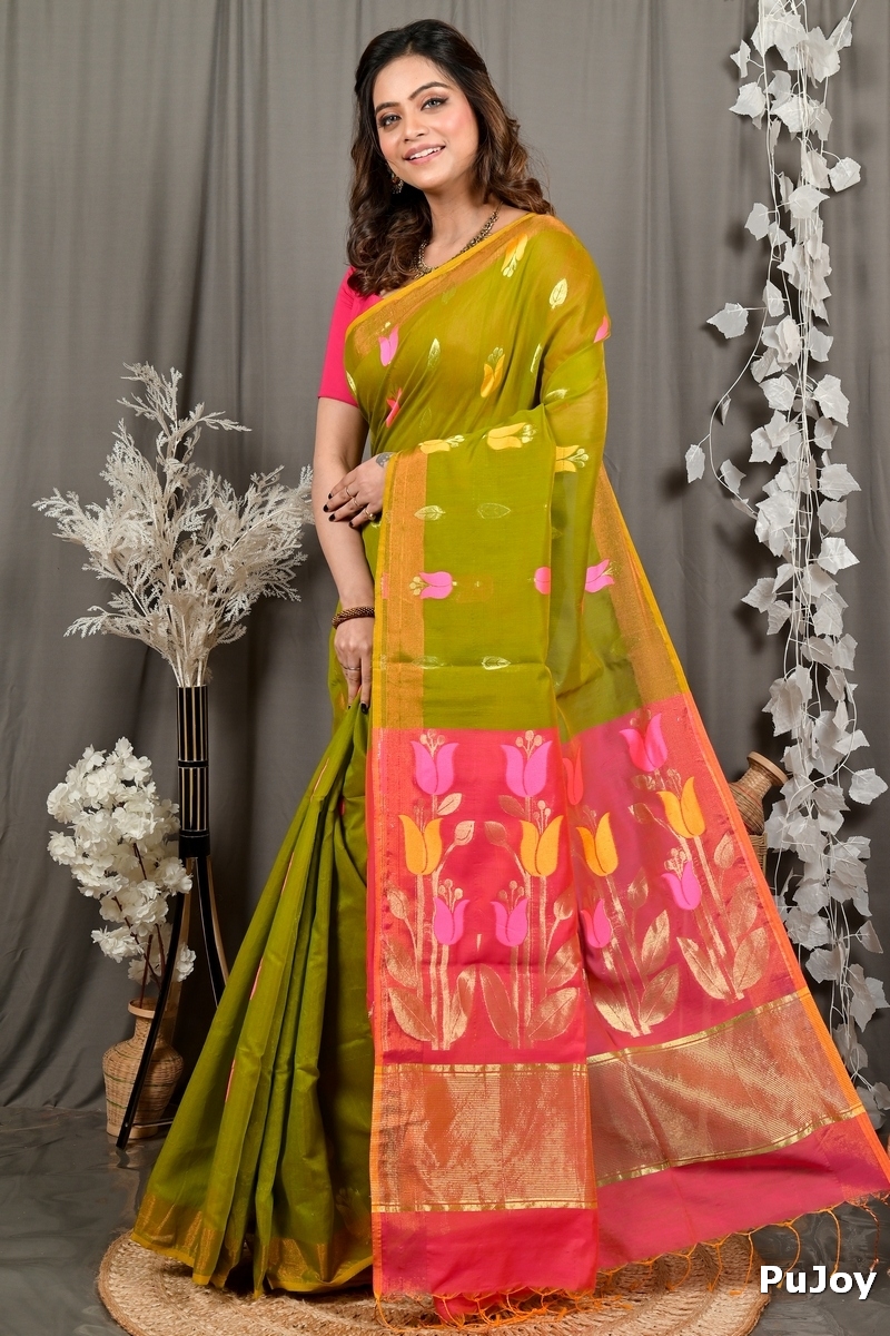 Green Pink Blended Cotton Foyani Hand Loom Saree (3117)