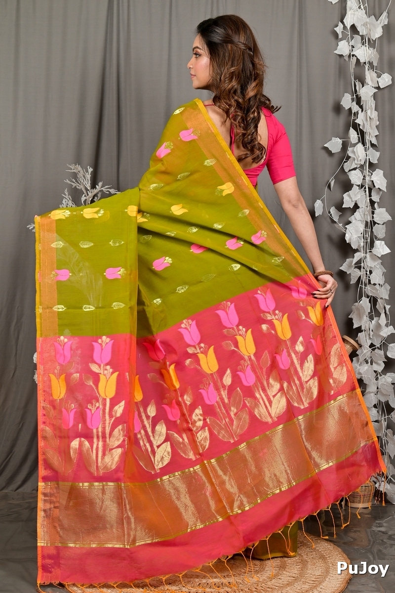 Green Pink Blended Cotton Foyani Hand Loom Saree (3117)