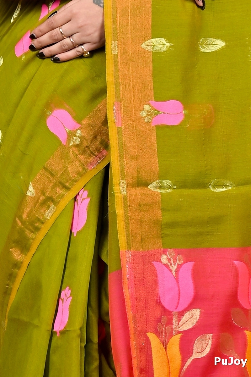 Green Pink Blended Cotton Foyani Hand Loom Saree (3117)