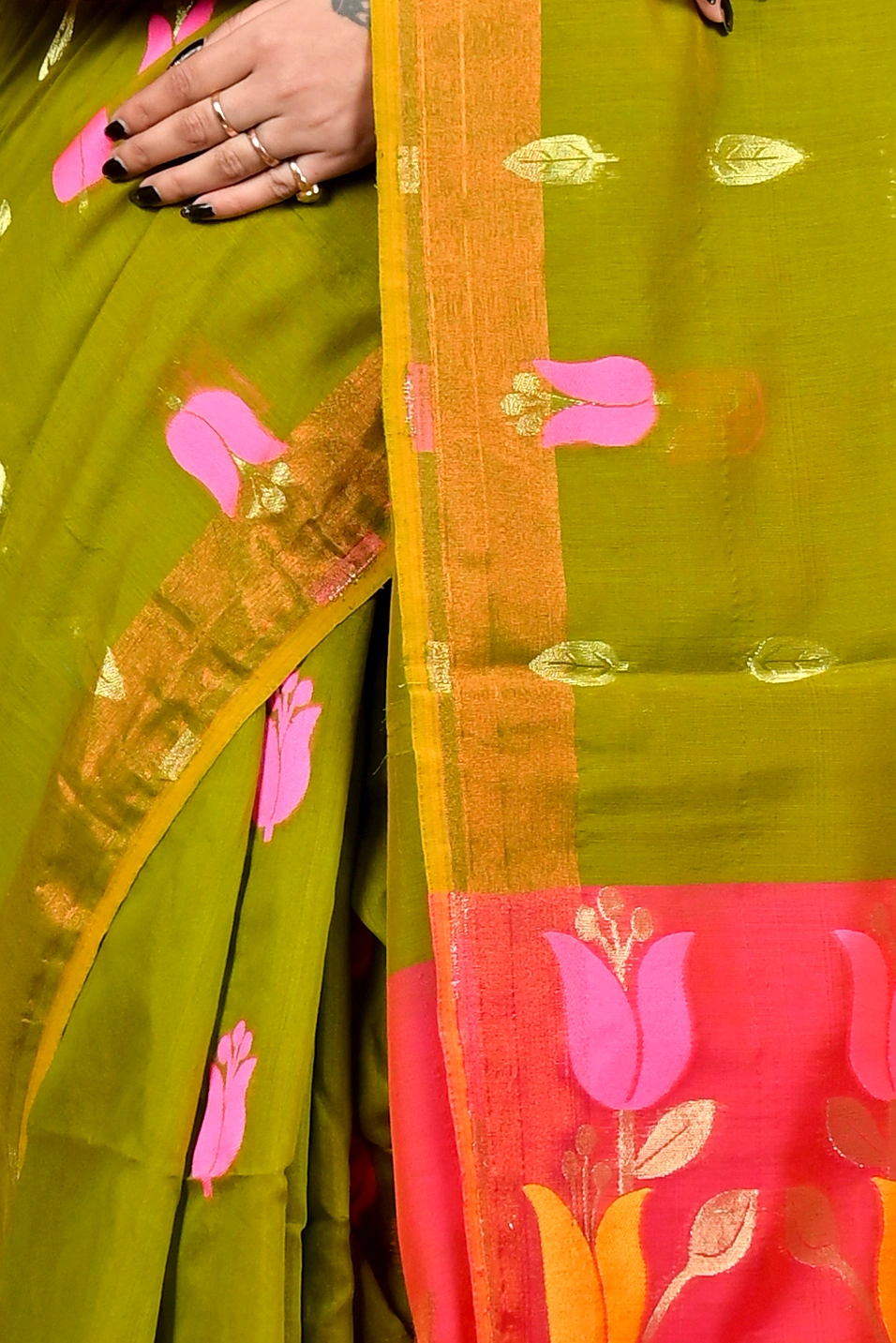 Green Pink Blended Cotton Foyani Hand Loom Saree (3117)