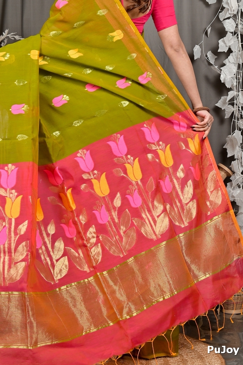 Green Pink Blended Cotton Foyani Hand Loom Saree (3117)