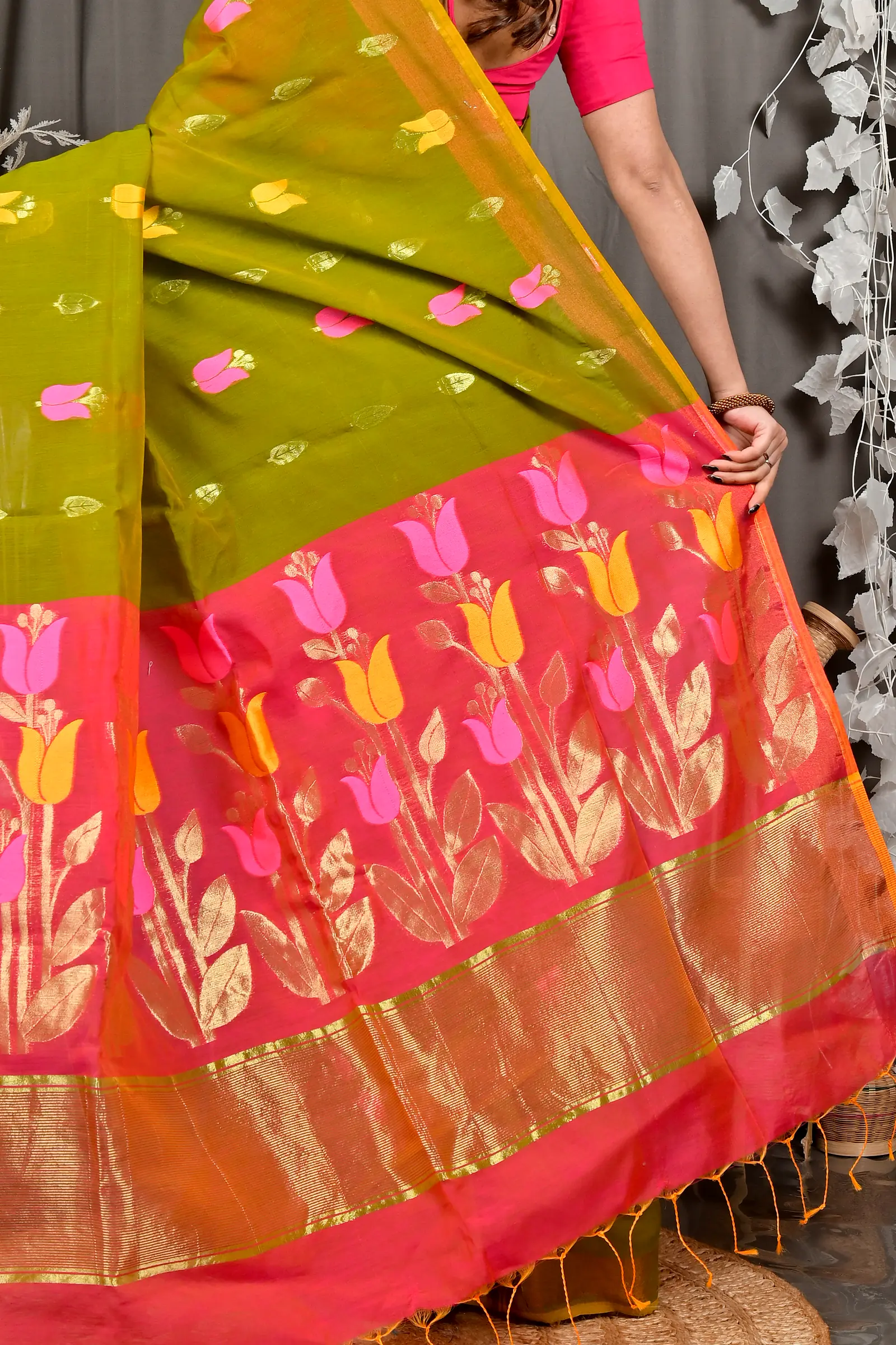 Green Pink Blended Cotton Foyani Hand Loom Saree (3117)