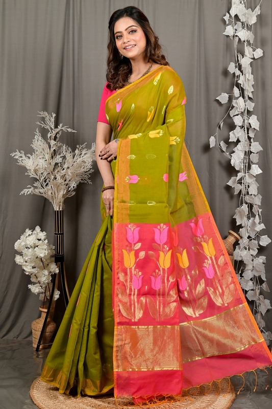 Green Pink Blended Cotton Foyani Hand Loom Saree (3117)