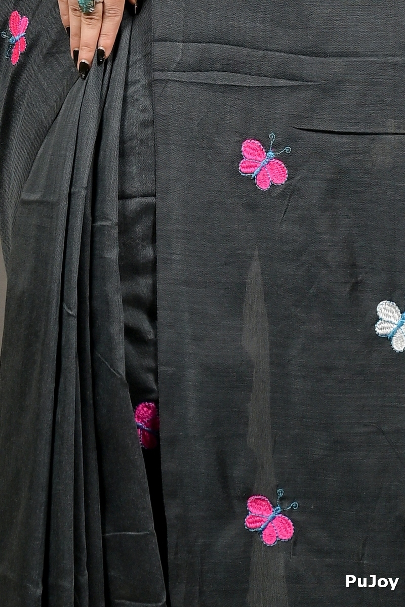 Black Blended Cotton Foyeli Embroidery Handloom saree (3118)