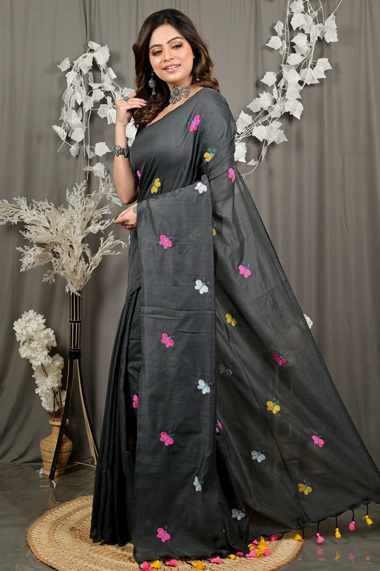 Black Blended Cotton Foyeli Embroidery Handloom saree (3118)