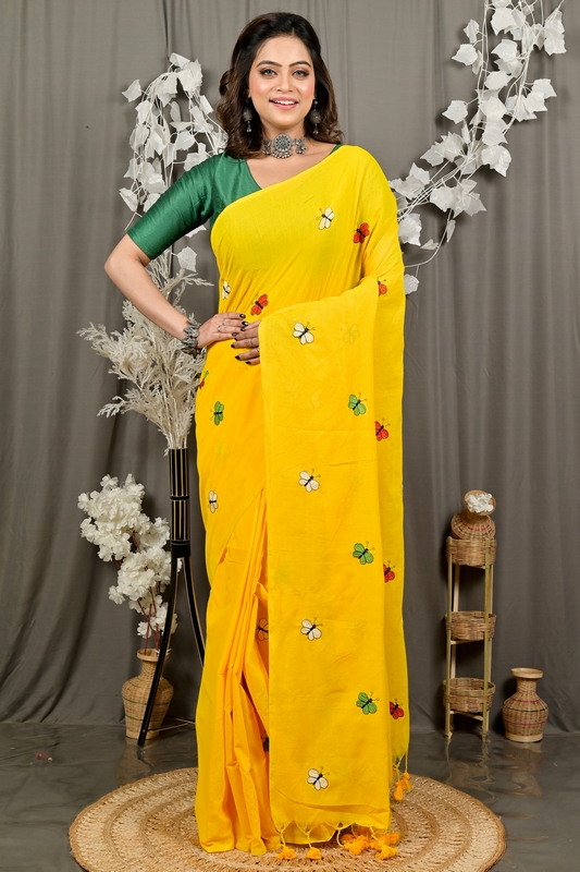 Yellow Blended Cotton Foyeli Embroidery Handloom saree (3119)