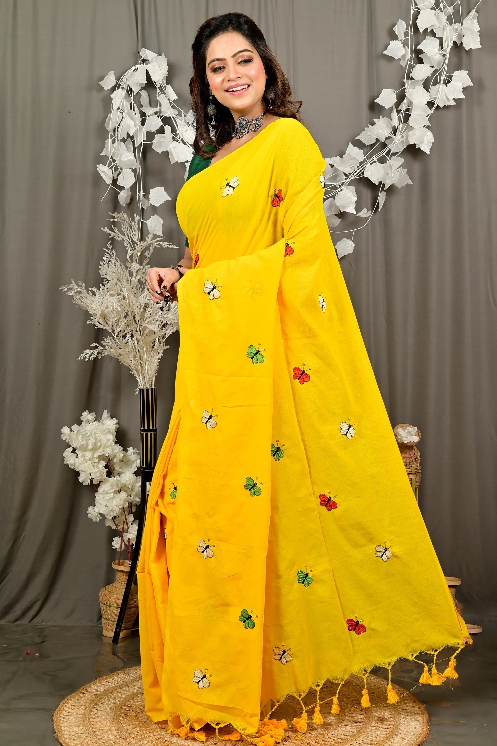 Yellow Blended Cotton Foyeli Embroidery Handloom saree (3119)