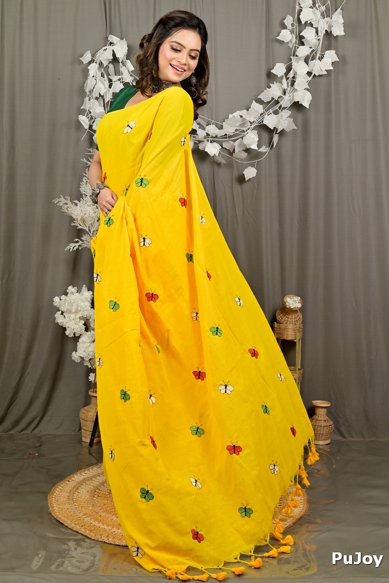 Yellow Blended Cotton Foyeli Embroidery Handloom saree (3119)