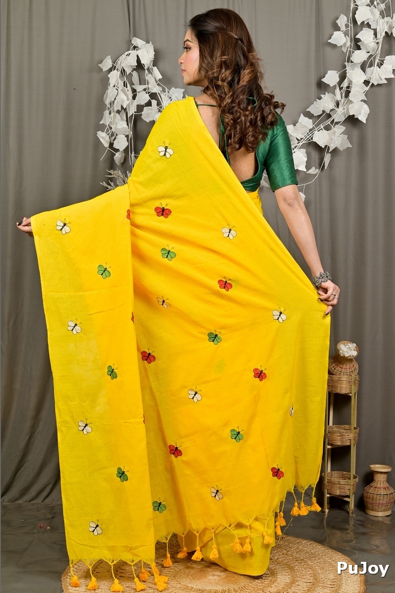 Yellow Blended Cotton Foyeli Embroidery Handloom saree (3119)