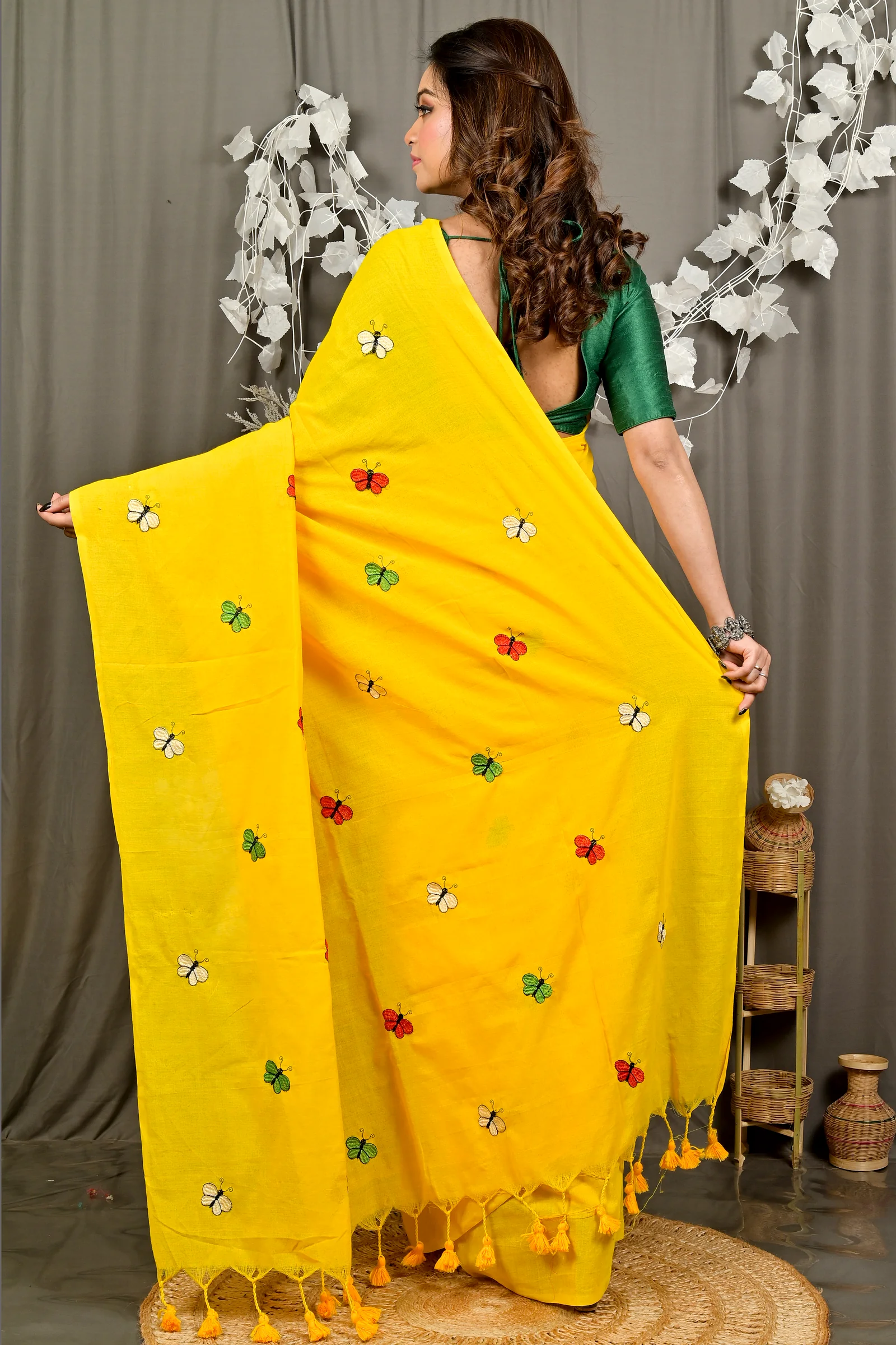 Yellow Blended Cotton Foyeli Embroidery Handloom saree (3119)