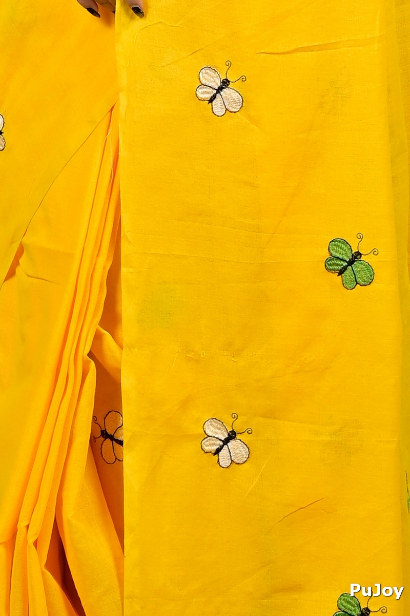 Yellow Blended Cotton Foyeli Embroidery Handloom saree (3119)
