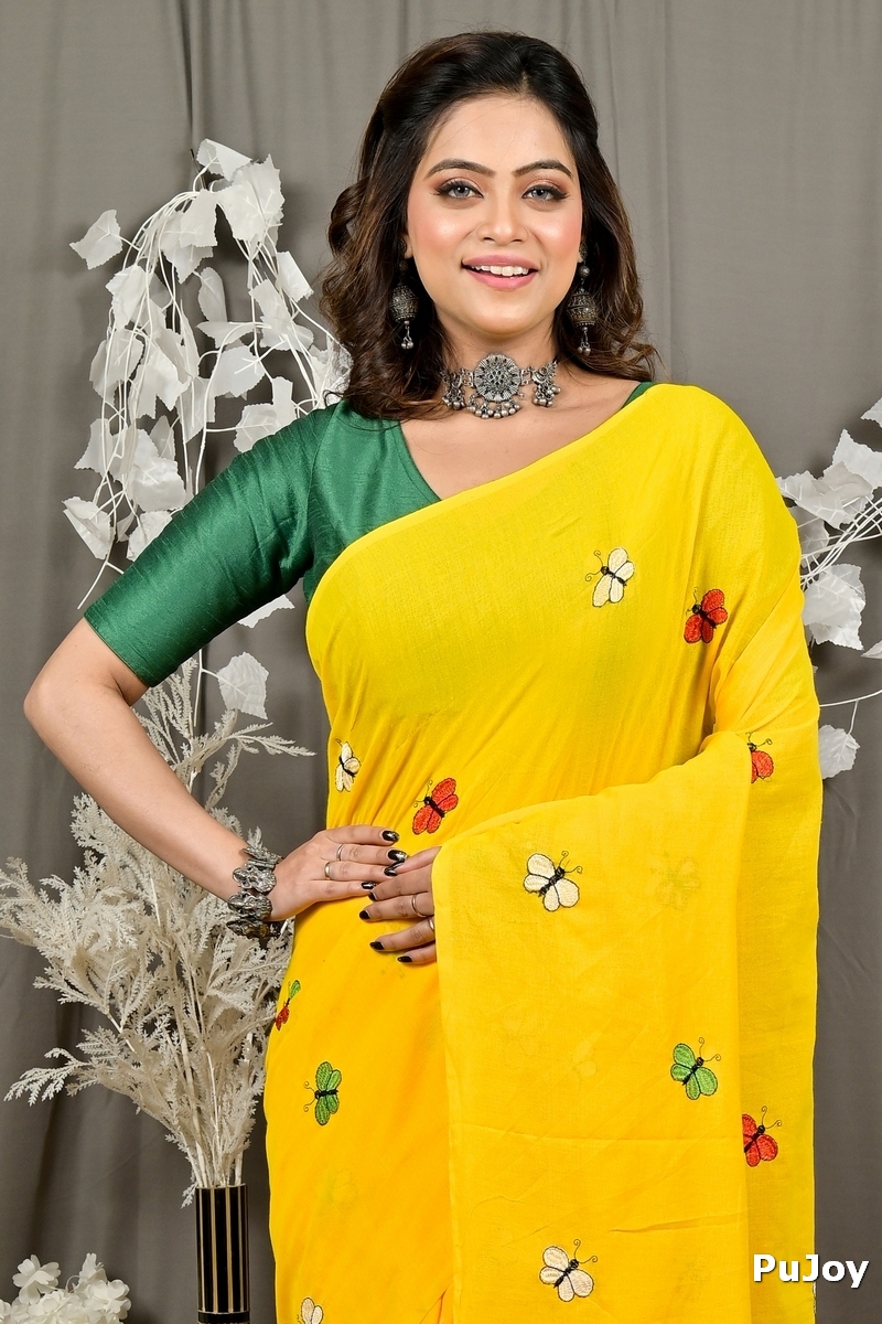 Yellow Blended Cotton Foyeli Embroidery Handloom saree (3119)