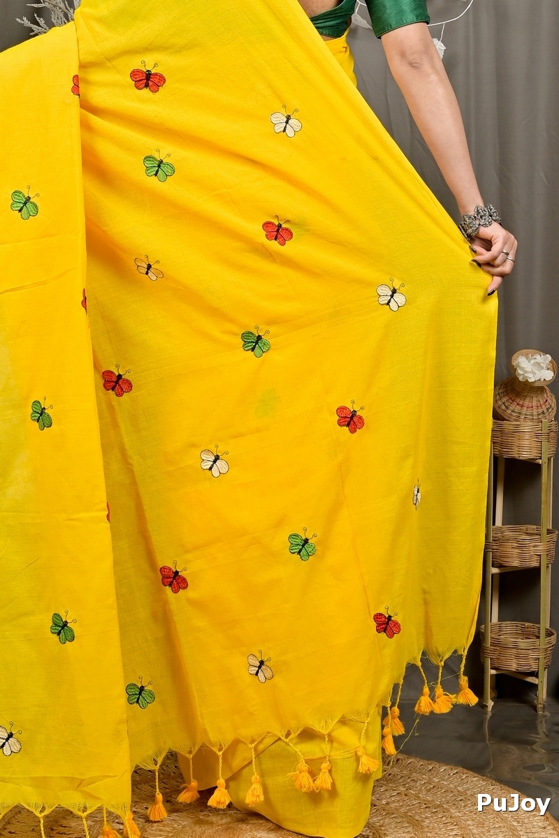 Yellow Blended Cotton Foyeli Embroidery Handloom saree (3119)