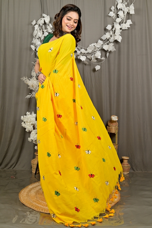 Yellow Blended Cotton Foyeli Embroidery Handloom saree (3119)