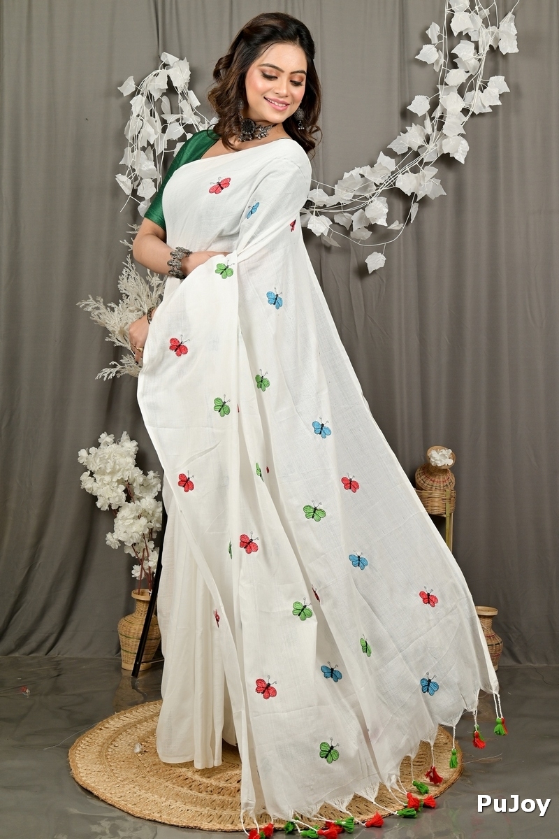 White Blended Cotton Foyeli Embroidery Handloom saree (3120)