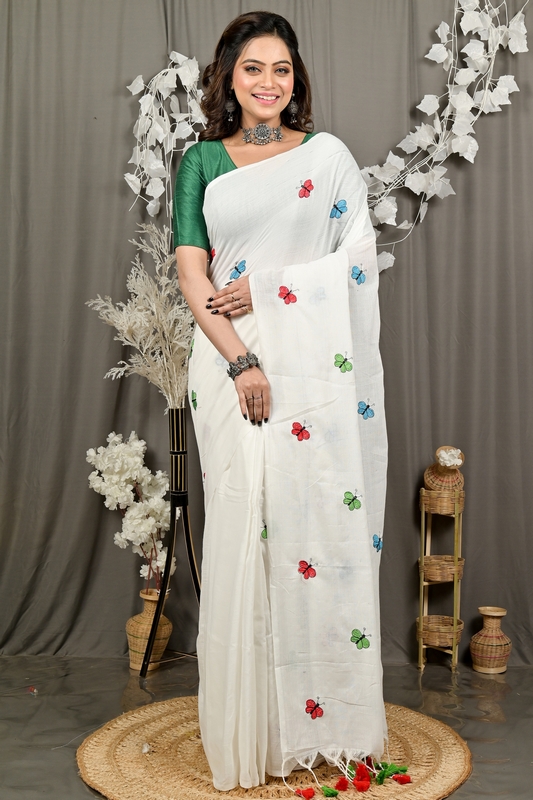 White Blended Cotton Foyeli Embroidery Handloom saree (3120)