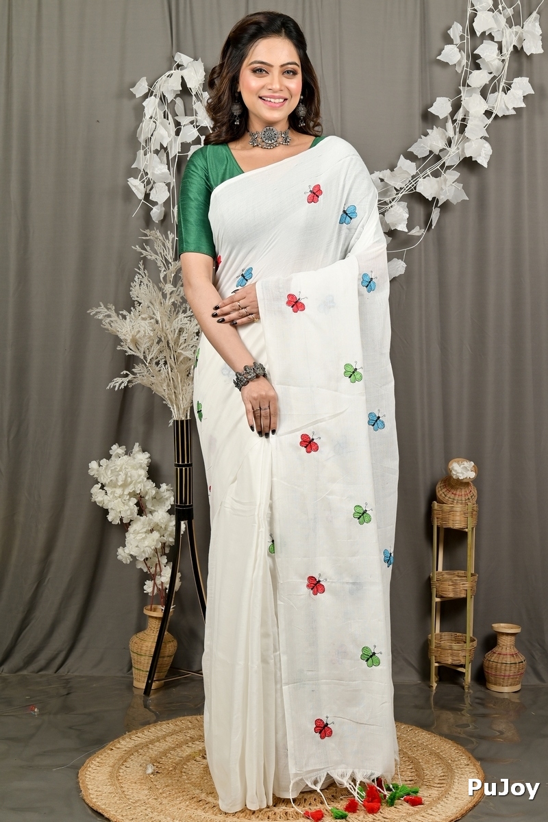 White Blended Cotton Foyeli Embroidery Handloom saree (3120)