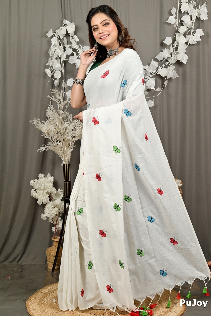 White Blended Cotton Foyeli Embroidery Handloom saree (3120)