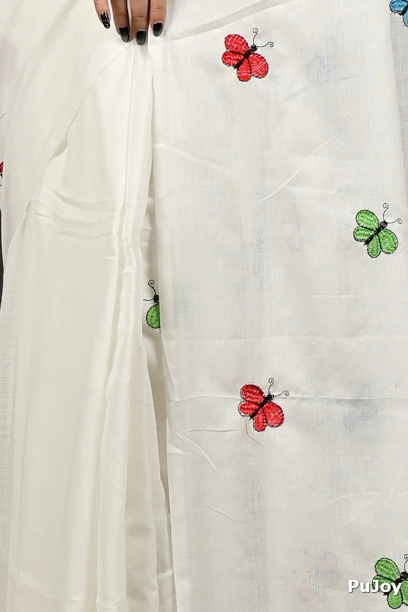 White Blended Cotton Foyeli Embroidery Handloom saree (3120)