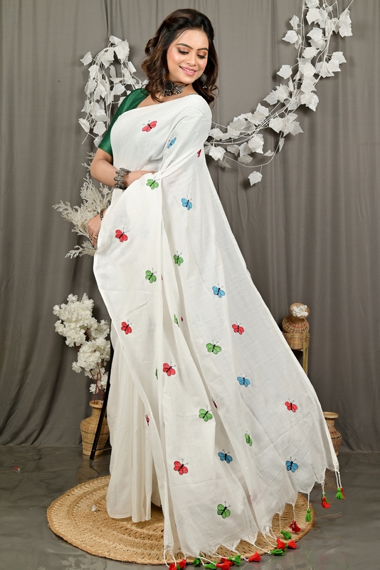 White Blended Cotton Foyeli Embroidery Handloom saree (3120)