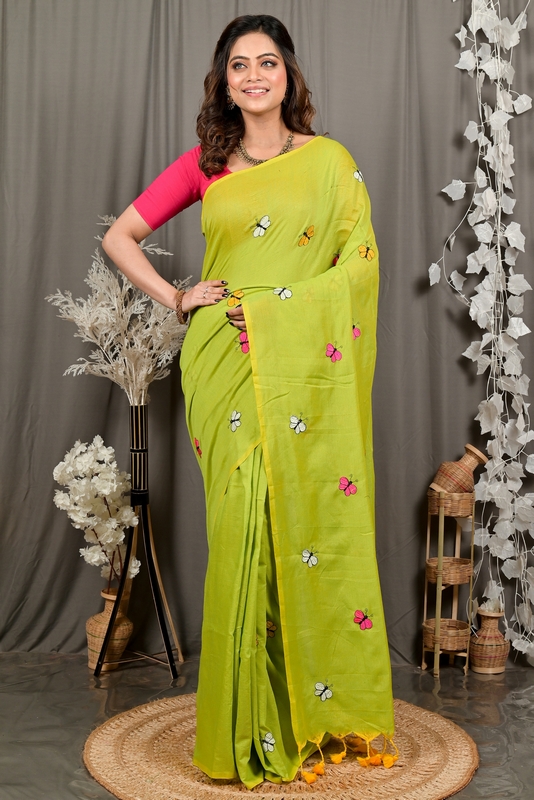Green Blended Cotton Foyeli Embroidery Handloom saree (3121)