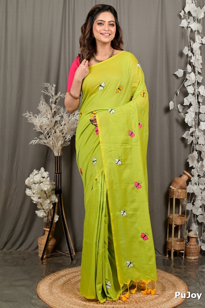 Green Blended Cotton Foyeli Embroidery Handloom saree (3121)