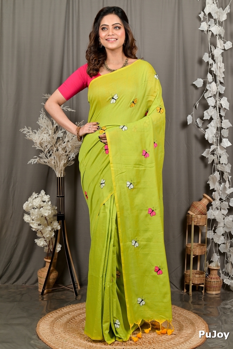 Green Blended Cotton Foyeli Embroidery Handloom saree (3121)