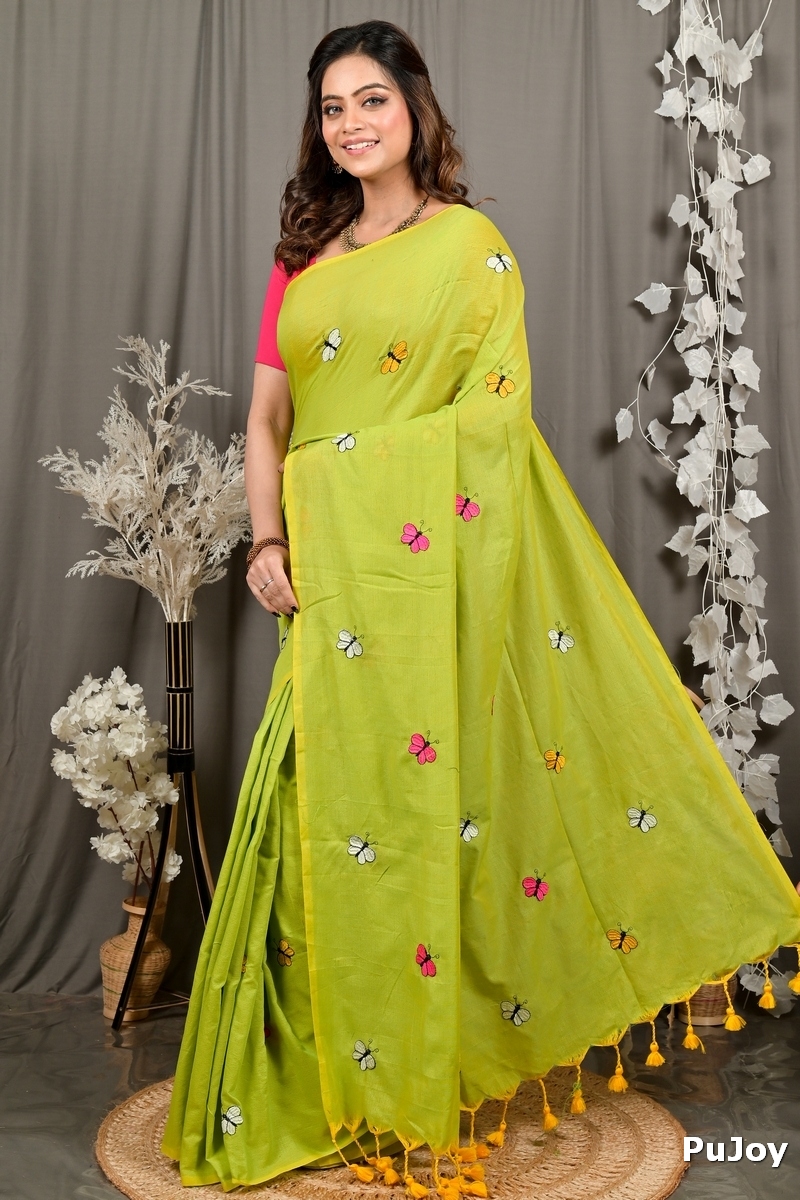 Green Blended Cotton Foyeli Embroidery Handloom saree (3121)