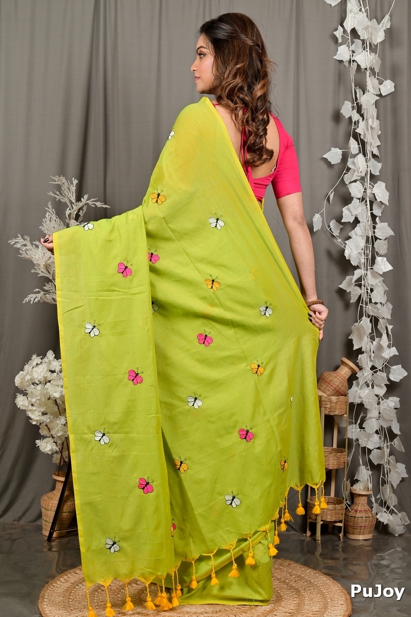 Green Blended Cotton Foyeli Embroidery Handloom saree (3121)