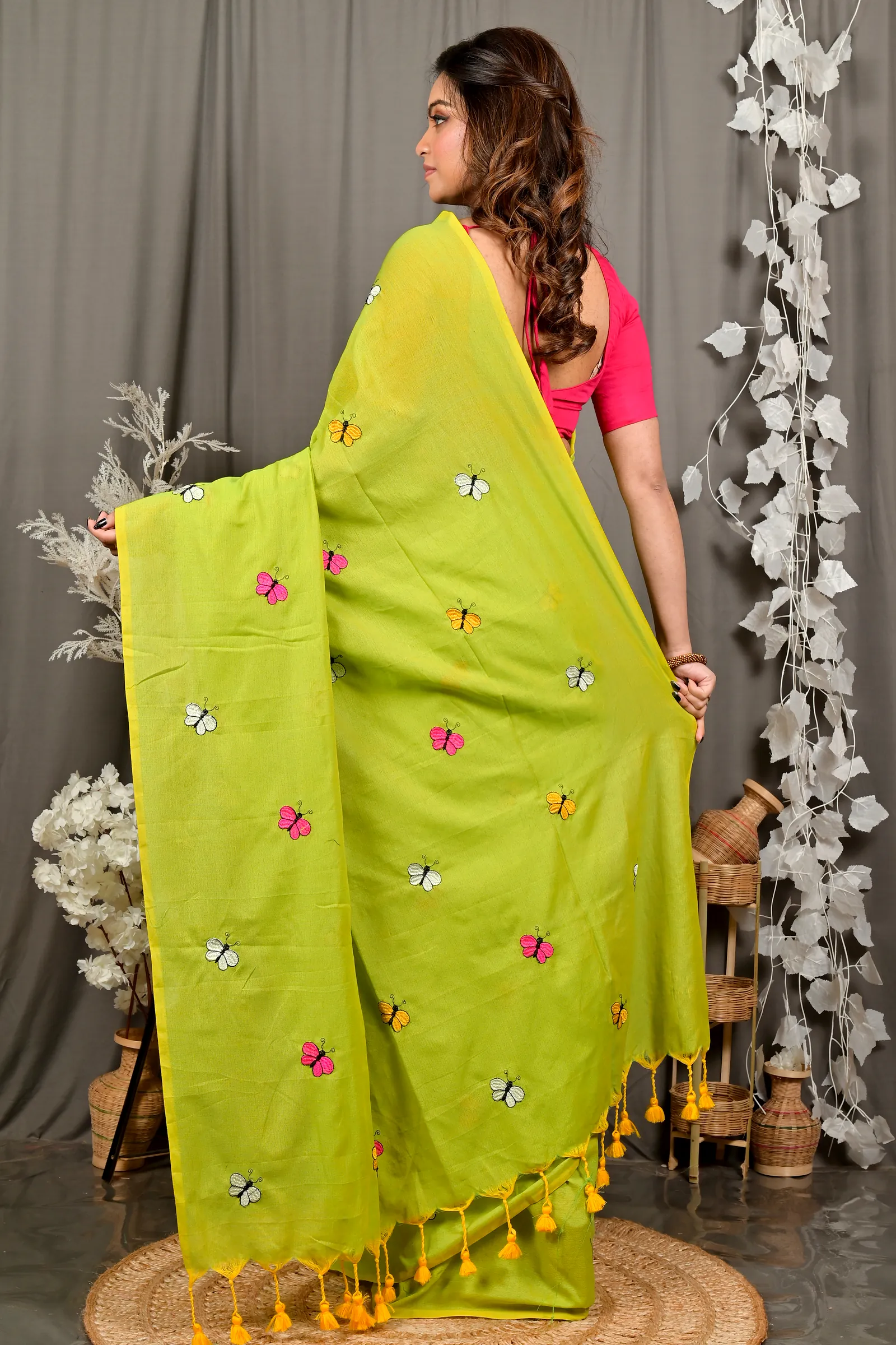 Green Blended Cotton Foyeli Embroidery Handloom saree (3121)