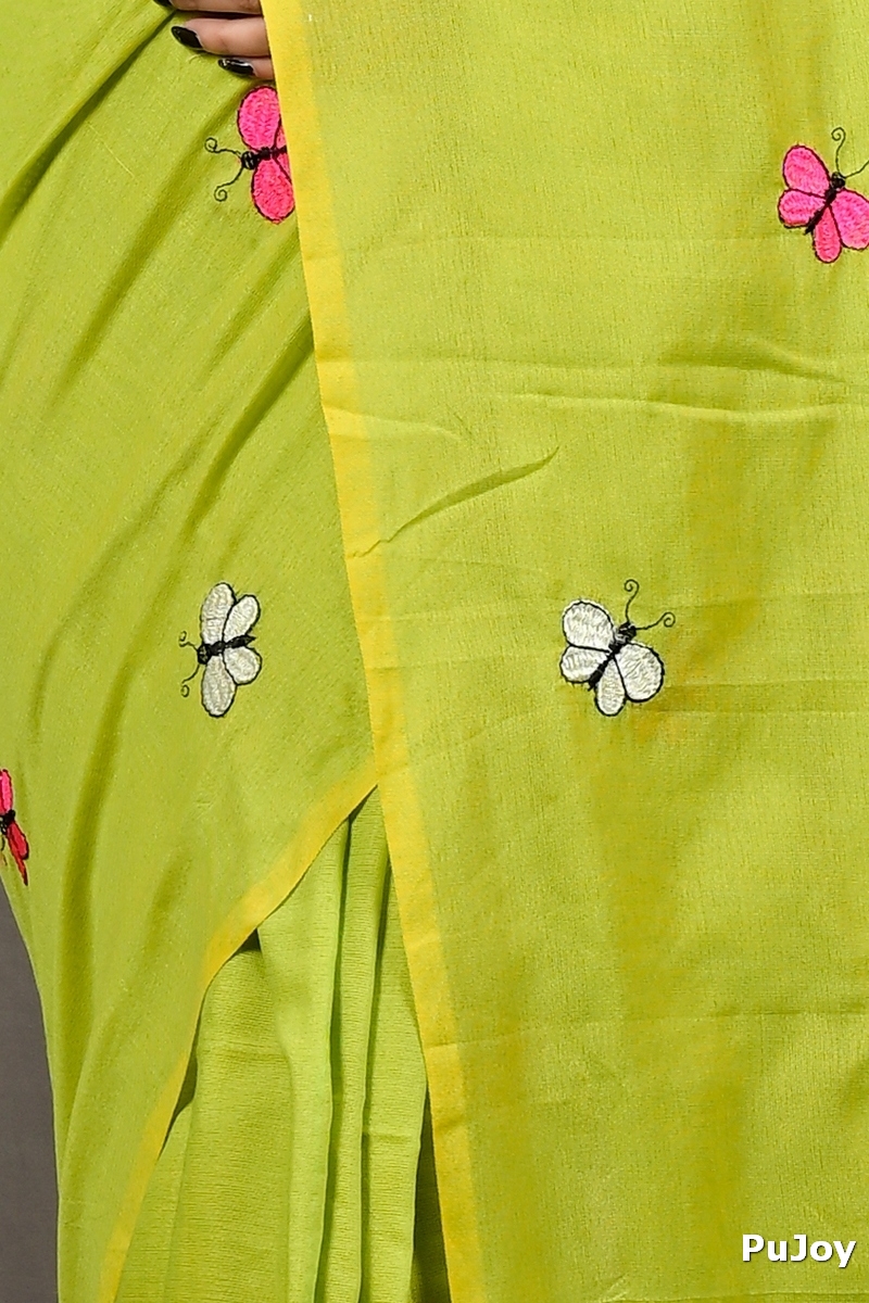 Green Blended Cotton Foyeli Embroidery Handloom saree (3121)
