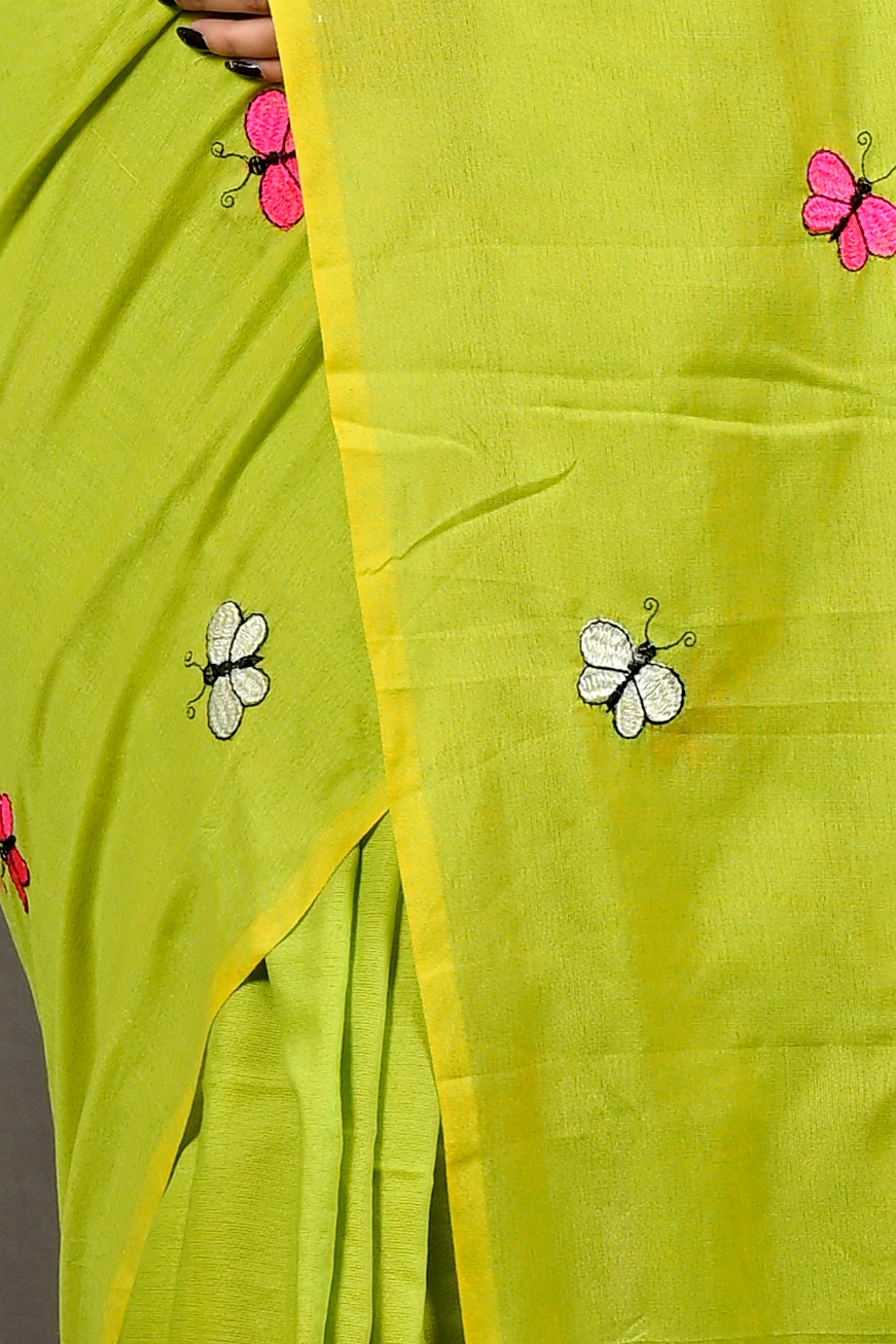 Green Blended Cotton Foyeli Embroidery Handloom saree (3121)