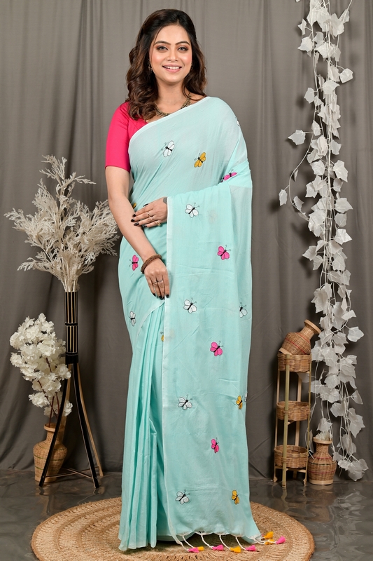 Sky Blue Blended Cotton Foyeli Embroidery Handloom saree (3122)