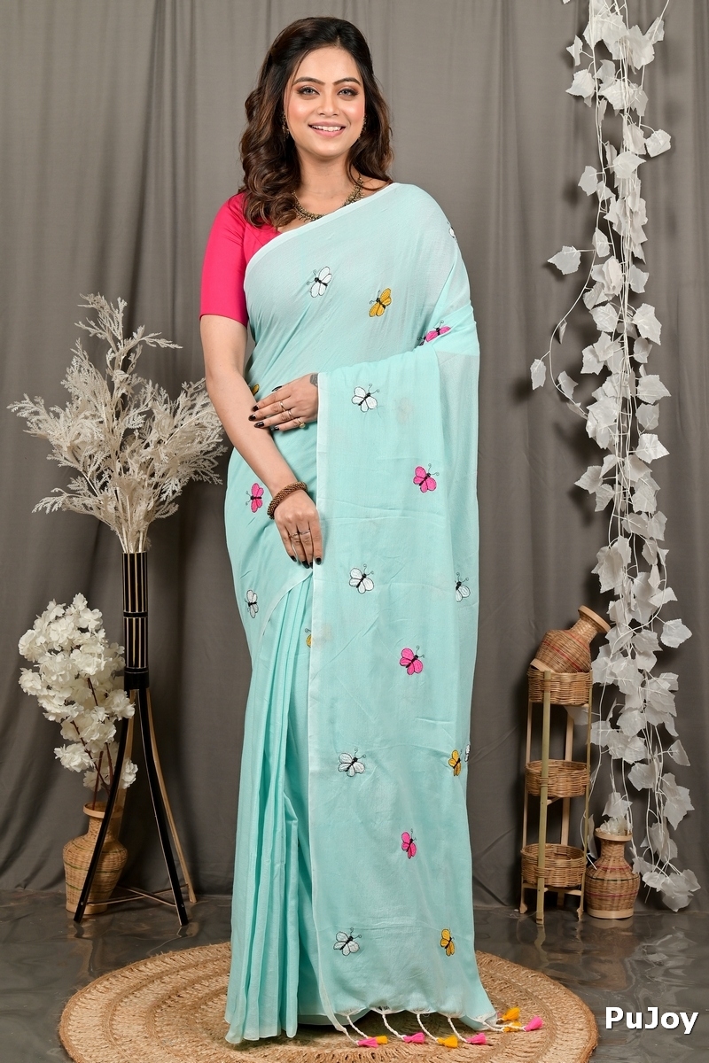 Sky Blue Blended Cotton Foyeli Embroidery Handloom saree (3122)