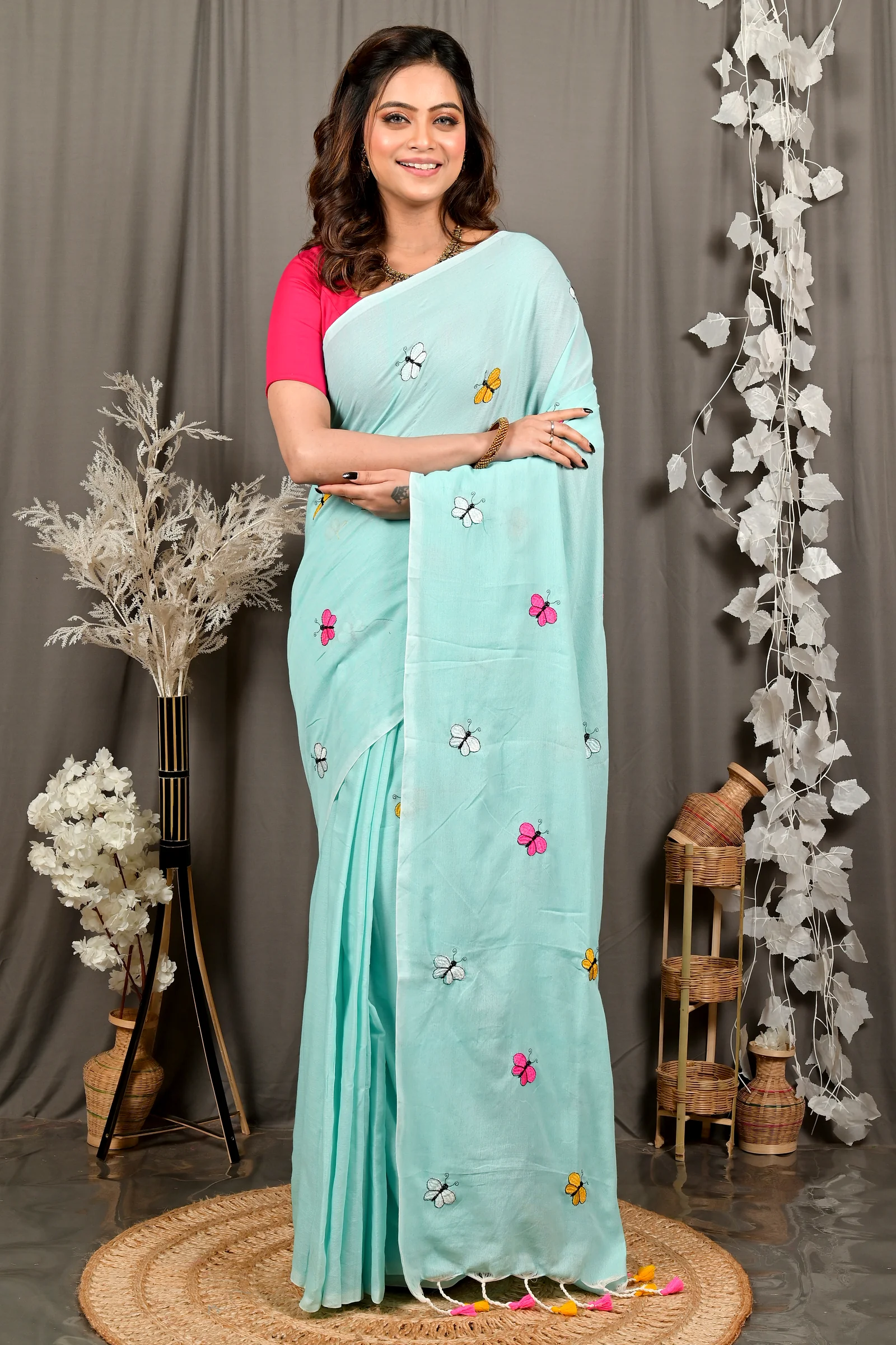 Sky Blue Blended Cotton Foyeli Embroidery Handloom saree (3122)