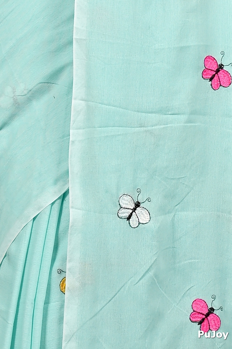 Sky Blue Blended Cotton Foyeli Embroidery Handloom saree (3122)