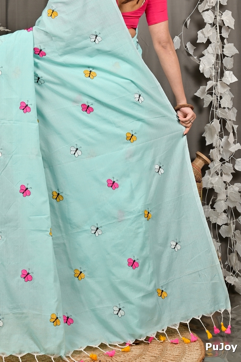 Sky Blue Blended Cotton Foyeli Embroidery Handloom saree (3122)