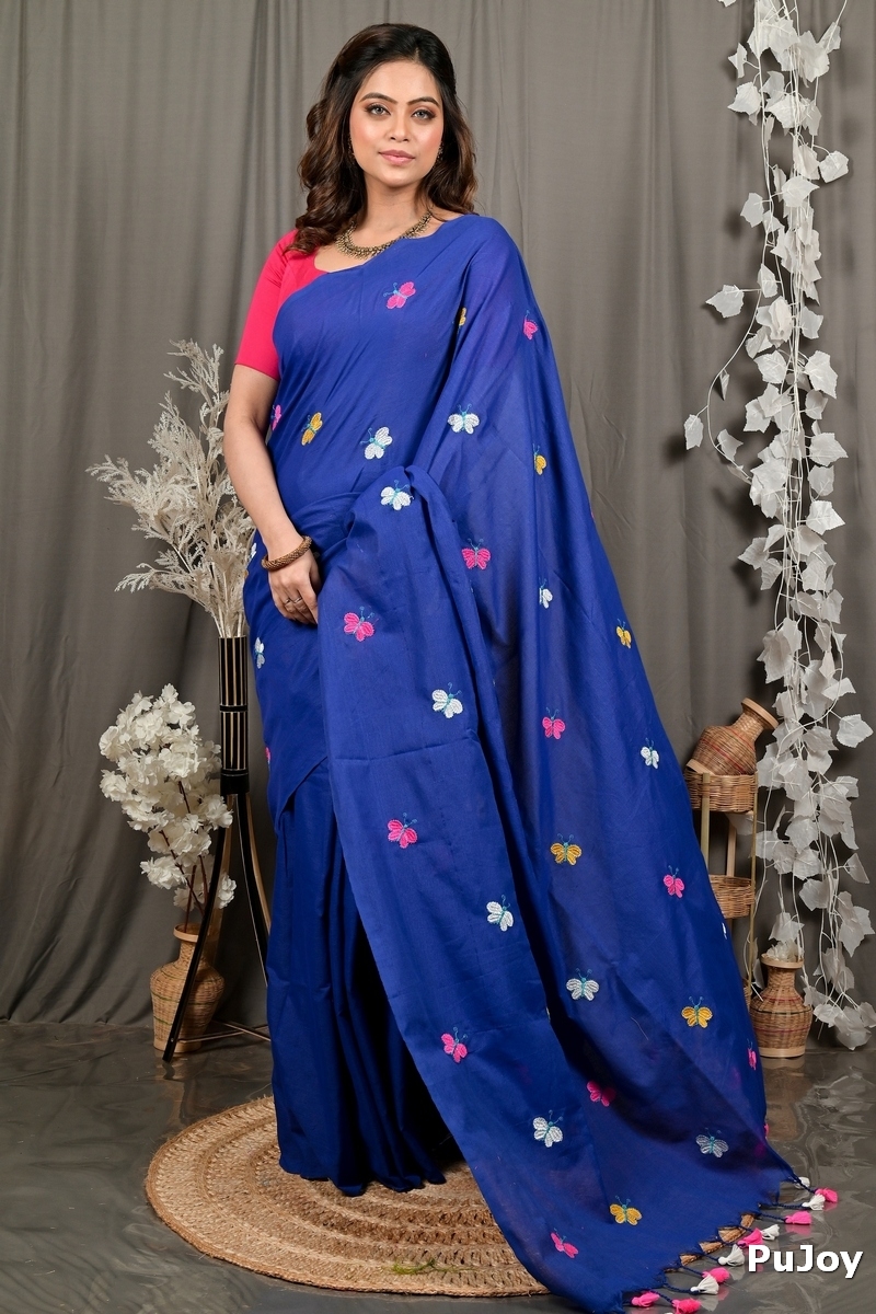 Naby Blue Blended Cotton Foyeli Embroidery Handloom saree (3123)